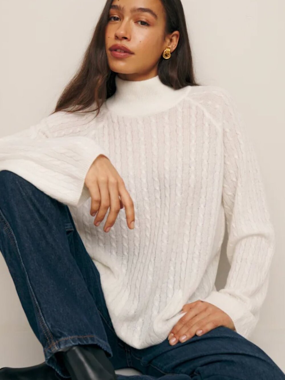 Reformation Garrett Cashmere Cable Oversized Turtleneck Gossamer - Size S